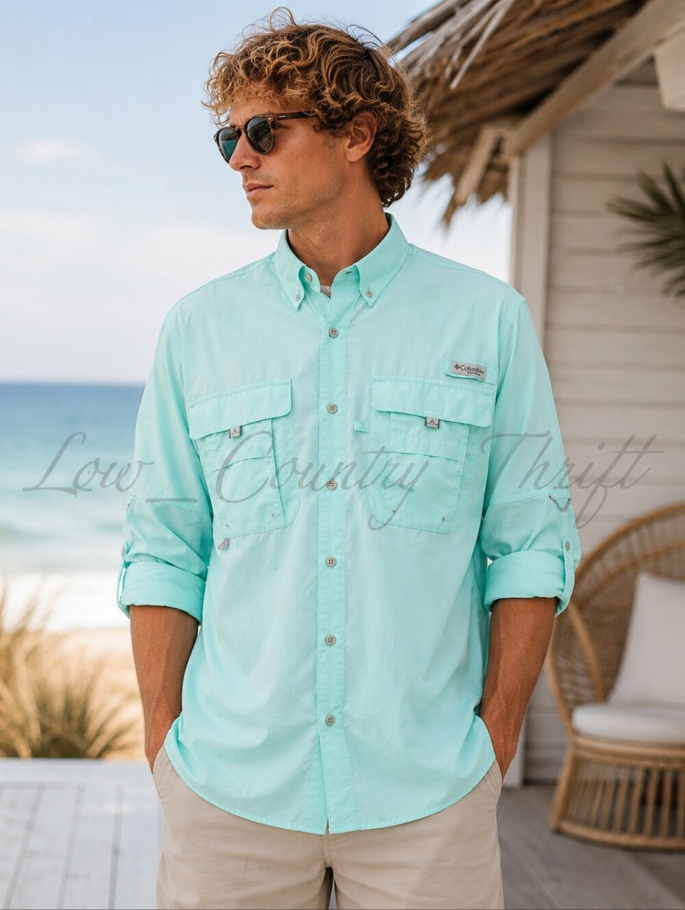 Columbia PFG Fishing Shirt XXL Mint Green Vented Long Sleeve Outdoor